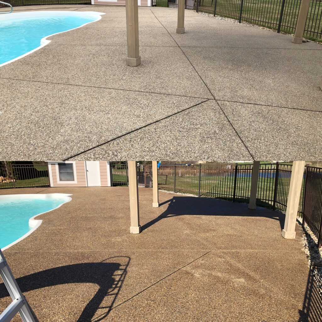 Exposed Aggregate Pool deck in Clarkston, Mi. Before and After Cleaned and sealed