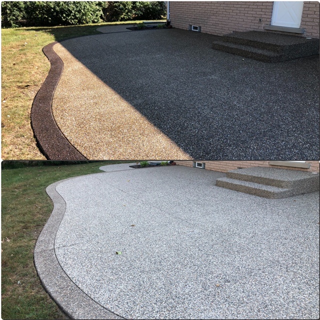 Exposed Aggregate Patio in Shelby Twp., Mi Before and after Washed and sealed.