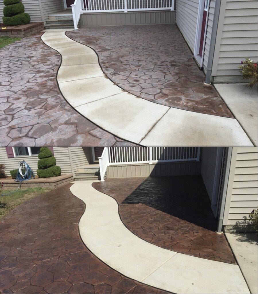 Stamped Concrete Sealer Removal using the wet abrasive blastng method in Macomb Twp